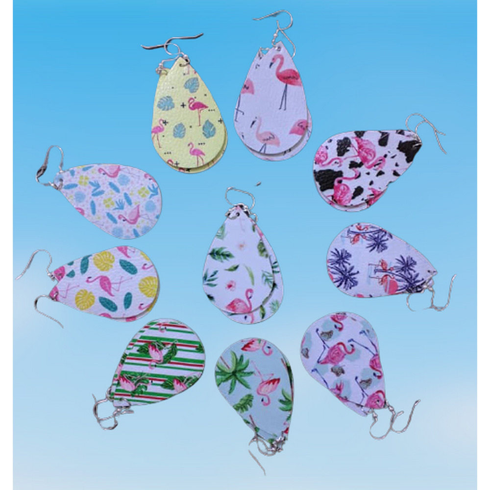 GWP 1 Pairs RANDOM Teardrop Foam / Vegan FAUX Leather Earrings Pink Flamingo